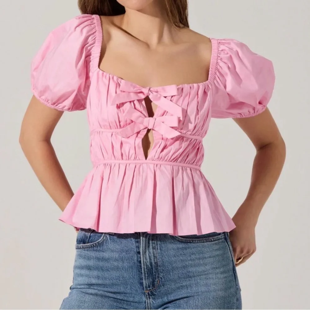 Astr The Label Smocked Pink Puff Peplum Sleeve Blouse Size S Cottagecore Boho